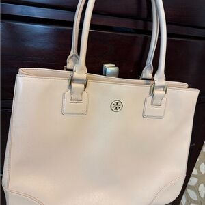 Tory Burch Cream Structured Tote with Silver Logo